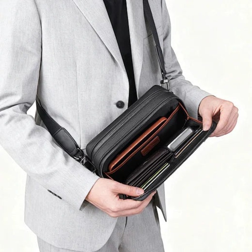 WIWU Master Genuine Leather Fingerprint Lock Crossbody Bag - Black — şəkil 3