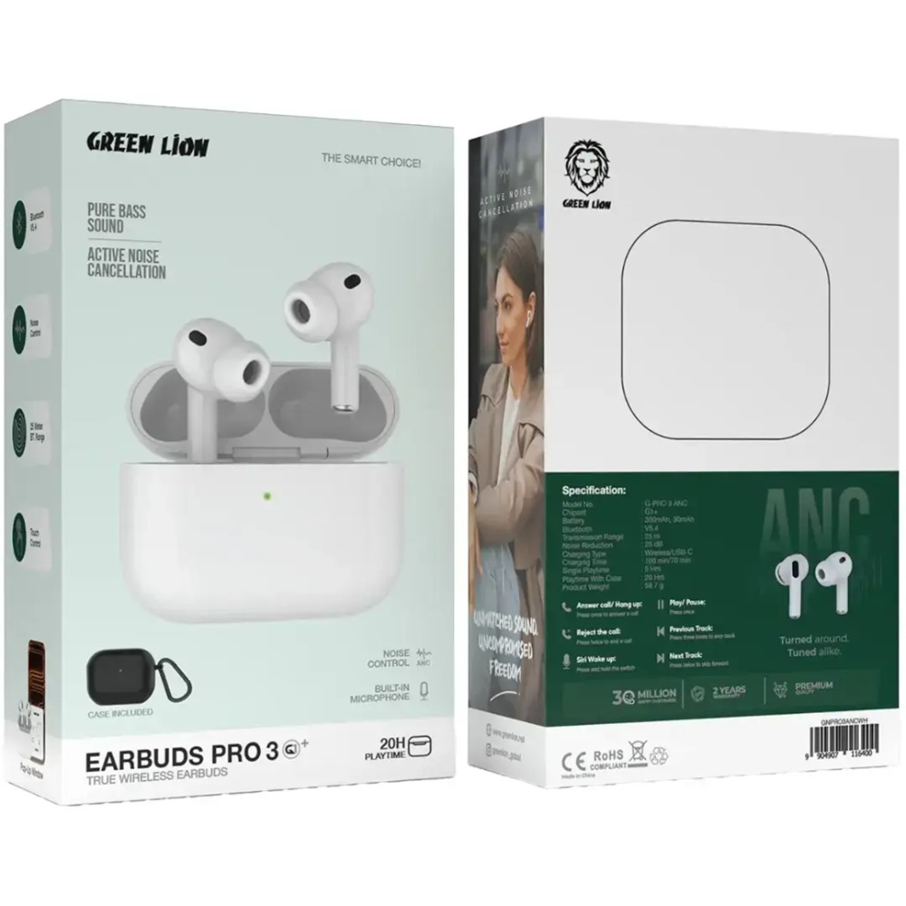 Green Lion Earbuds Pro 3 True Wireless Earbuds with ANC - White — şəkil 4
